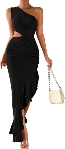 MakeMeChic Women's One Shoulder Cut Out Bodycon Maxi Dress Sleeveless Ruffle Trim High Waist Dresses in Kuwait