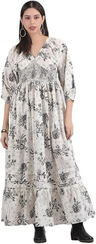 فستان نسائي طويل كاجوال طويل للارتداء في الصيف، زي سموكد مطبوع عليه زهور بوهيمية حضرية ورقبة على شكل حرف V in Kuwait