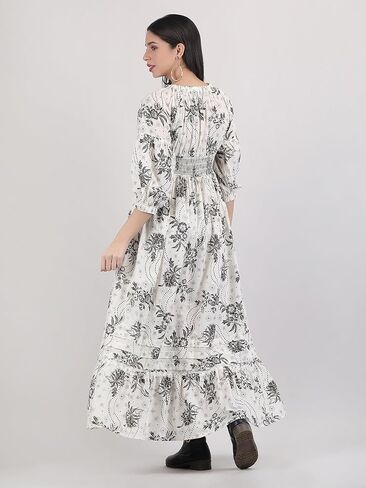 فستان نسائي طويل كاجوال طويل للارتداء في الصيف، زي سموكد مطبوع عليه زهور بوهيمية حضرية ورقبة على شكل حرف V in Kuwait