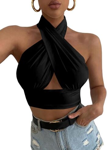 Rooscier Women's Sexy Crisscross Halter Cutout Sleeveless Backless Cami Crop Top in Saudi Arabia