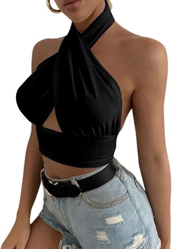 Rooscier Women's Sexy Crisscross Halter Cutout Sleeveless Backless Cami Crop Top in Saudi Arabia