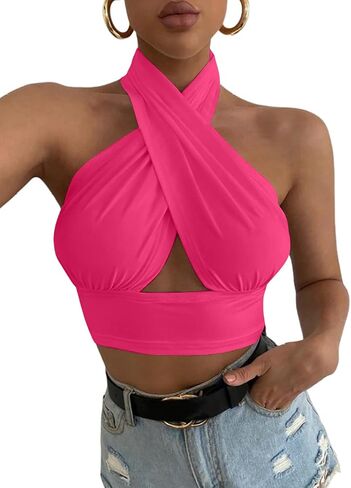 Rooscier Women's Sexy Crisscross Halter Cutout Sleeveless Backless Cami Crop Top in Saudi Arabia