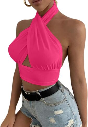 Rooscier Women's Sexy Crisscross Halter Cutout Sleeveless Backless Cami Crop Top in Saudi Arabia