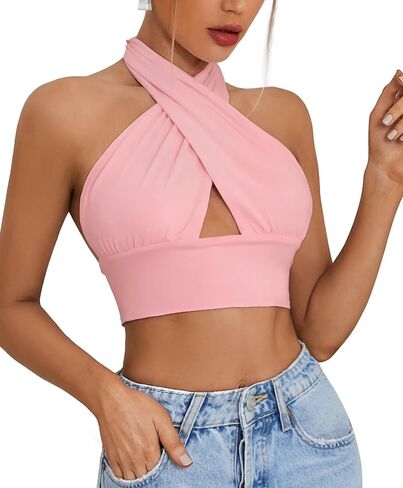 Rooscier Women's Sexy Crisscross Halter Cutout Sleeveless Backless Cami Crop Top in Saudi Arabia