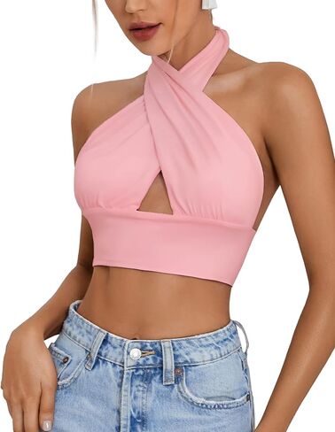Rooscier Women's Sexy Crisscross Halter Cutout Sleeveless Backless Cami Crop Top in Saudi Arabia