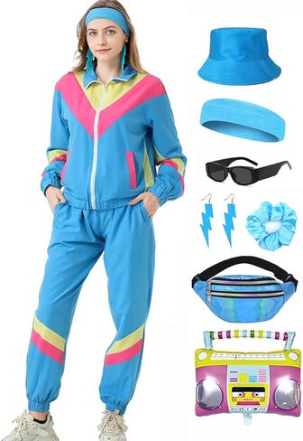80s Tracksuit for Women Retro Windbreaker Outfit 90s Color Block Sportswear Set with Jacket Sweatpants in Saudi Arabia
