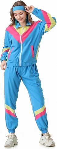 80s Tracksuit for Women Retro Windbreaker Outfit 90s Color Block Sportswear Set with Jacket Sweatpants in Saudi Arabia
