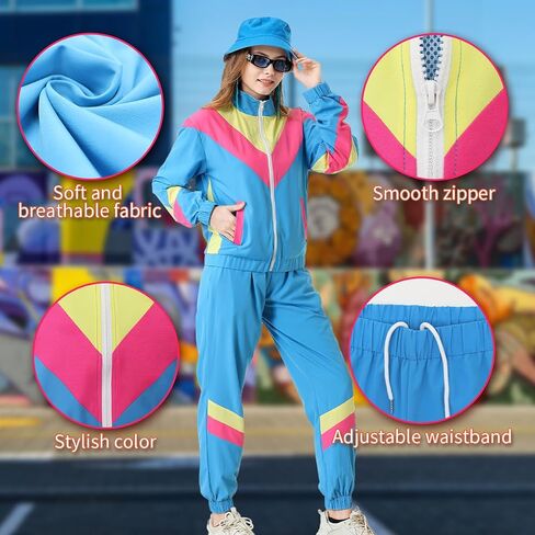 80s Tracksuit for Women Retro Windbreaker Outfit 90s Color Block Sportswear Set with Jacket Sweatpants in Saudi Arabia