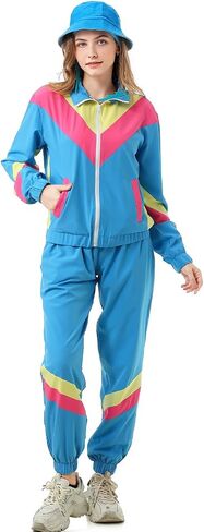 80s Tracksuit for Women Retro Windbreaker Outfit 90s Color Block Sportswear Set with Jacket Sweatpants in Saudi Arabia