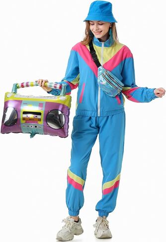 80s Tracksuit for Women Retro Windbreaker Outfit 90s Color Block Sportswear Set with Jacket Sweatpants in Saudi Arabia