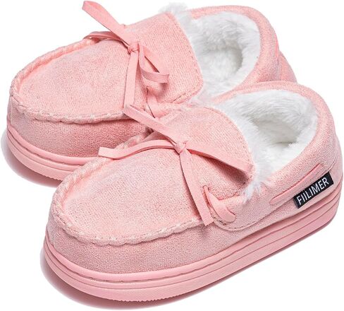 Girls Plush Glitter Bow Moccasin Slippers, Rubber Sole Indoor Outdoor House Shoes, Kids Bedroom Slipper Moccasins… in Saudi Arabia