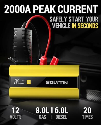 S6 Pro Jump Starter 2000A Peak، جهاز تشغيل السيارة المحمول لما يصل إلى 8 لتر من الغاز و6 لتر من الديزل، حزمة معززة للبطارية 12 فولت مع شاشة LCD، كابلات توصيل، منفذ PD30W من النوع C، QC3.0، ضوء LED in Kuwait