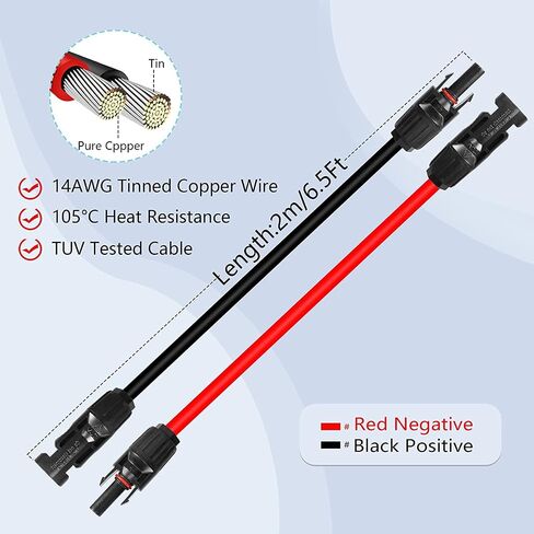 كابل تمديد اللوحة الشمسية GELRHONR 14AWG، مجموعة محول موصلات اللوحة الشمسية أنثى إلى ذكر للألواح الشمسية، والأنظمة الكهروضوئية (أحمر + أسود) (14AWG 3M/9.8FT M إلى F) in Saudi Arabia