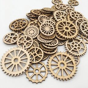 AKOAK 50 Pcs Wooden Gear, Blank Wooden DIY Craft Pieces, Wood Chip Paper-Cut Gift Labels, Unfinished Gear Decoration Cards DIY Craft Jewelry Making