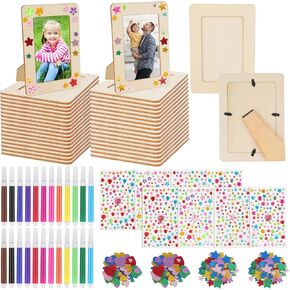 18 Pack Picture Frame Painting Craft Kit Wooden Picture Frames for 4 x 6 Photo with 4 Sheets Crystal Diamond Stickers 2 Bags Eva Stickers 12 Color Pen for DIY Craft