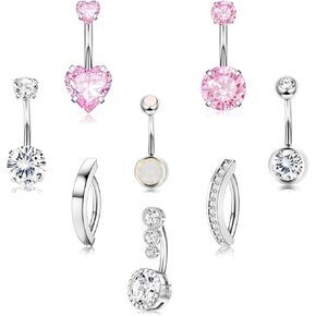 14G Belly Button Rings, Stainless Steel Diamond Belly Rings For Women, Belly Button Rings Hoop Cilcker, Pink Heart CZ Navel Piercings Pack Silver/Gold