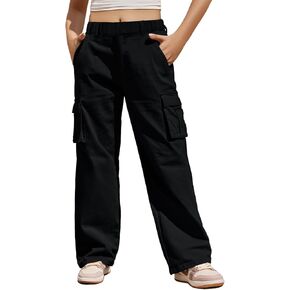Haloumoning Girls Cargo Pants Casual Baggy Wide Leg Elastic Waist Jogger Trousers with Pockets 5-14 Years