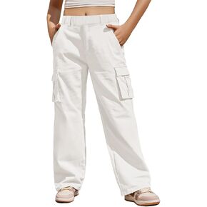 Haloumoning Girls Cargo Pants Casual Baggy Wide Leg Elastic Waist Jogger Trousers with Pockets 5-14 Years