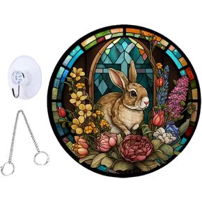 Unomor Stained Hanging Ornament Acrylic Bunny Signs Double Sided Stained Pendant Round Rabbit Plaques with Chains Suction for Garden Home