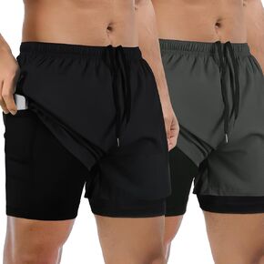 FUNARTY 2 Pack Men's 2 in 1 Running Shorts for Men, 7 Inch Inseam Gym Athletic Workout Shorts with Liner, Zip Pockets