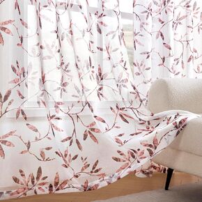 Floral Sheer Curtains 84 Inches Long for Living room Bedroom Dusty Pink-Brown Leaf Branch Patterned Semi Sheer Curtain Leaves Printed Linen Voile Drapes Rod Pocket 2 Panels
