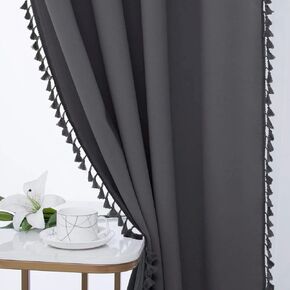 WONTEX Pom Pom Blackout Curtains for Bedroom and Living Room, 52 x 63 Inch Long, Dark Grey – Thermal Insulated/Privacy Protection Grommet Curtain Panel, Window Curtains Set of 2