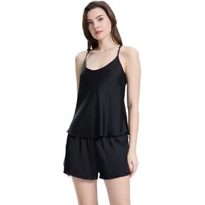 Womens Silk Satin Camisole Pajamas Set Sexy Cami Shorts Sleepwear 2 Pieces Pjs With Pockets