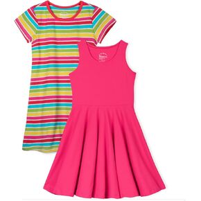 Mightly Girls' Short Sleeve & Sleeveless Dresses Pack of 2, 95% Organic Cotton, Colorful Kids Dress, School, Parties & Play