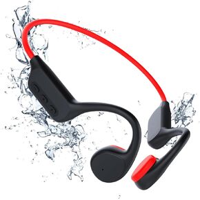 Bone Conduction Open Ear Headphones with 5.3 Bluetooth Sweat Resistant Wireless Earphones, IPX8 Waterproof Underwater Swimming Built-in 32G MP3 for Running (X7-Blackred)