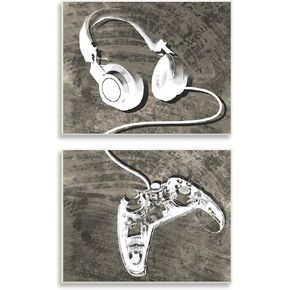 Stupell Industries Kids' Entertainment Accessories Rustic Headphones Video Game Controller, Designed by Daphne Polselli Wall Plaque, 19 x 13, White