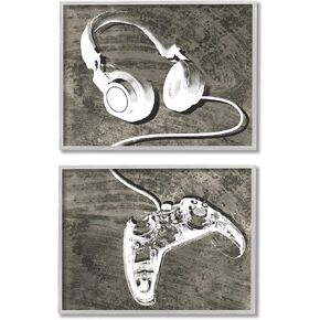 Stupell Industries Kids' Entertainment Accessories Rustic Headphones Video Game Controller, Designed by Daphne Polselli Gray Framed Wall Art, 14 x 11, White