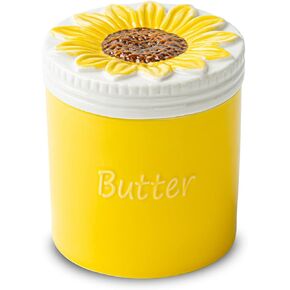 Sunflower Butter Crock Butter Keeper French Butter Dish Ceramic Cup Butter Holder With Water Line Non-Slip Design