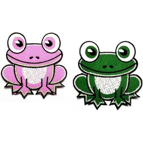 Rareeasy Patch Set 2 Pcs. Green Frog and Pink Frog Iron On Sew On Patch Stickers Cartoon Embroidered Applique DIY Craft Decorative Repair Clothing T-Shirt Jeans Hats Bags Jackets Costume