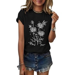 ORANDESIGNE Women's Sunflower Butterfly Print T shirts Graphic Short Sleeve Tees Casual Crewneck Tops Flower Butterfly Black