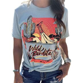 تي شيرت Wild Bandita Cactus للنساء مضحك راعية البقر شروق الشمس برسومات تي شيرت غربي كاجوال بأكمام قصيرة
