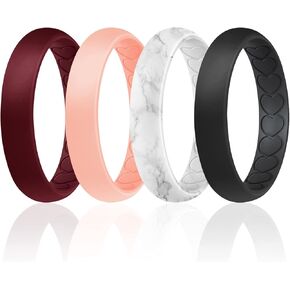 ROQ Silicone Rubber Wedding Ring for Women, Thin Inner Hearts, Breathable Silicone Wedding Band, Anniversary Ring, Promise Ring, 4mm Wide 2mm Thick, Multi Packs, Multi Colors