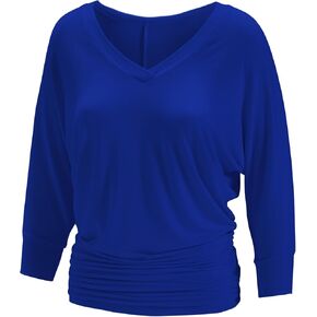 3/4 Sleeve Boat Neck V-Neck Dolman Draped Top with Side Shirring Shirt for Women