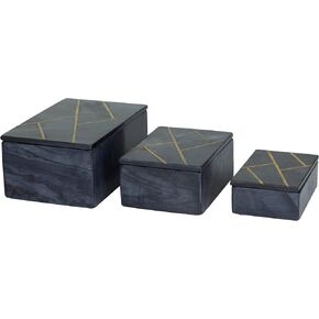 Deco 79 Marble Decorative Box Decorative Keepsake Boxes with Gold Linear Lines, Set of 3 Storage Boxes 9", 7", 6"W, Black