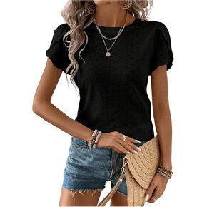 MakeMeChic Women's Casual Solid Eyelet Schiffy Summer T Shirt Crew Neck Petal Short Sleeve Solid Tee Tops