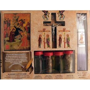 Souvenir Set w/Holy Water,Earth,Oil & Incense. Crucifix,Icon and Candles