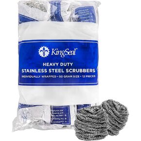 KingSeal Stainless Steel Scrubbers, Scrub Pads, Heavy Duty, 50 gram Weight, Individually Wrapped - 1 Pack of 12 Scrubbers