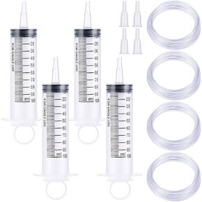 4 Pack 100ml Large Plastic Syringe with Handy Plastic Tubing and Luer Connections Large Syringes for Liquid Syringes for Measuring Watering Refilling Feeding