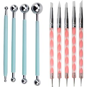 Wealrit 9 Pcs Clay Sculpting Tool, 5 Pieces 2 Way Metal Ceramic Clay Ball Stylus Dotting and Paper Flower Indentation Tool and 4 Pieces Double-Ended Metal Ball Stylus Tools(Pink,Light Green)