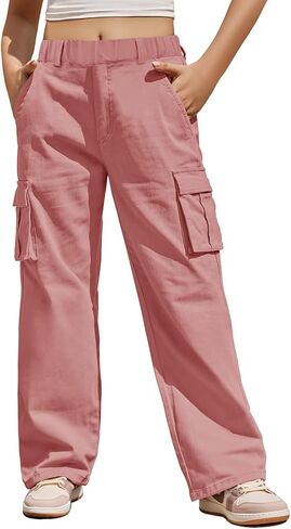 Haloumoning Girls Cargo Pants Casual Baggy Wide Leg Elastic Waist Jogger Trousers with Pockets 5-14 Years in Saudi Arabia