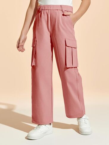 Haloumoning Girls Cargo Pants Casual Baggy Wide Leg Elastic Waist Jogger Trousers with Pockets 5-14 Years in Saudi Arabia