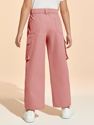 Haloumoning Girls Cargo Pants Casual Baggy Wide Leg Elastic Waist Jogger Trousers with Pockets 5-14 Years in Saudi Arabia