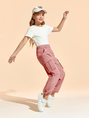 Haloumoning Girls Cargo Pants Casual Baggy Wide Leg Elastic Waist Jogger Trousers with Pockets 5-14 Years in Saudi Arabia