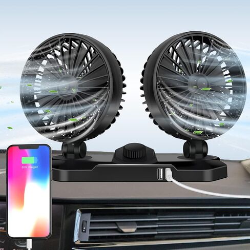 مروحة تبريد السيارة الكهربائية، مروحة هواء تبريد مزدوجة الرأس 12 فولت 360 درجة قابلة للتعديل مع منفذي شحن USB ذكي 3.1 أمبير، محرك بدون فرش، مروحة سيارة منخفضة الضوضاء للسيارة/سيارات الدفع الرباعي/RV/الشاحنة/القارب in Saudi Arabia