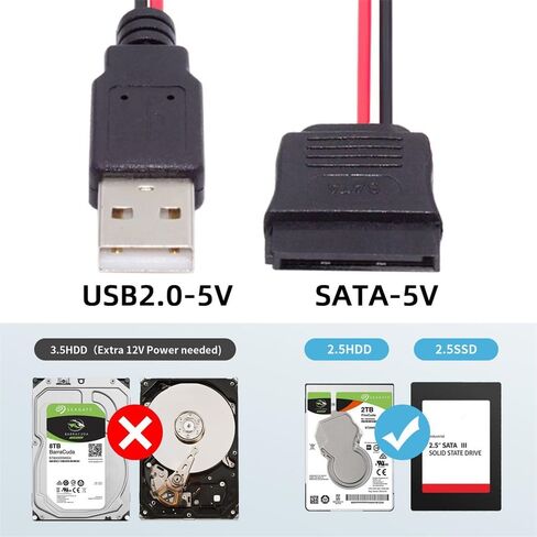 xiwai Single USB 2.0 to SATA Converter Adapter Cord 15Pin DC 5V Power Supply Hard Drive Cable for 2.5 inch SATA HDD SSD Disk Driver, 1FT in Kuwait