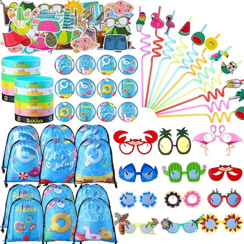 Zubebe 61 Pcs Pool Party Favors for Kids Include 12 Party Sunglasses, 12 Drinking Straws, 12 Drawstring Gift Bags, 12 Silicone Bracelets, 12 Button Pins, 50 Stickers for Summer Pool Party Supplies in Saudi Arabia